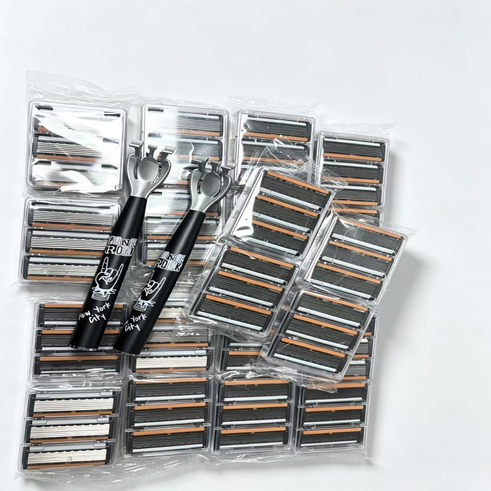 TEMU 2pcs Knife Handles And 60pcs Replacement Heads Black 6-layer Manual Razor | Men's Manual Safety Razor With 6-layer Stainless Steel And Aloe