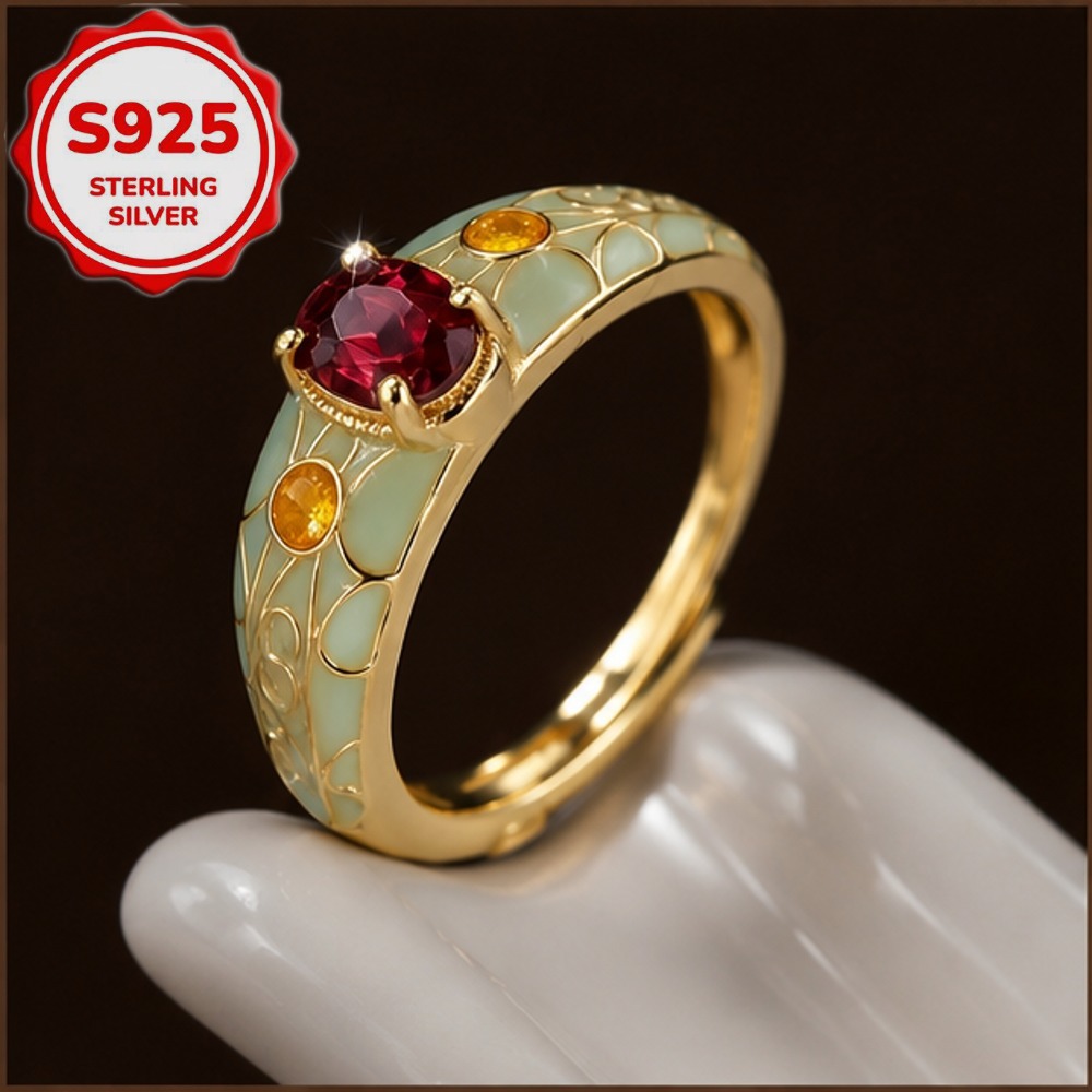 S925 Silvery Enamel Embossed Texture Adjustable Ring