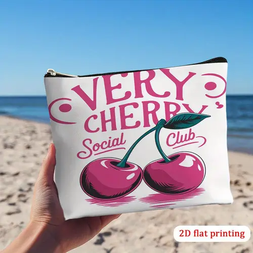 1pc makeup bag durable 2d flat printing zipper closure cosmetic pouch with vibrant cherry design ideal for travel everyday use beach accessory vibrant accessory zippered pouch