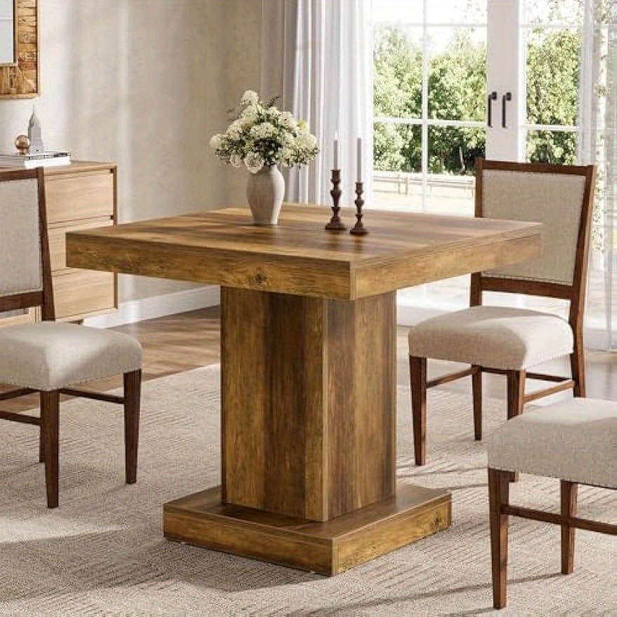 -inch Square Dining Table For 4, Farmhouse Kitchen Table With Heavy Duty Pedestal Base, Rustic Wooden Dinner Table For Home, Dining Room, Small Spaces, Rustic Brown (only Table)
