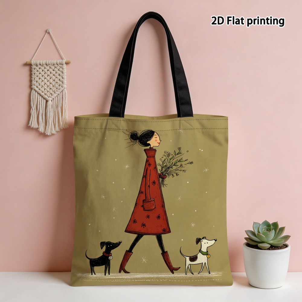 TEMU New Fashionable Winter Dog Walking Floral Nature Print Tote Bag - Reusable Shopping Bag In Vibrant Colors, Suitable For Shopping, Work, Travel,