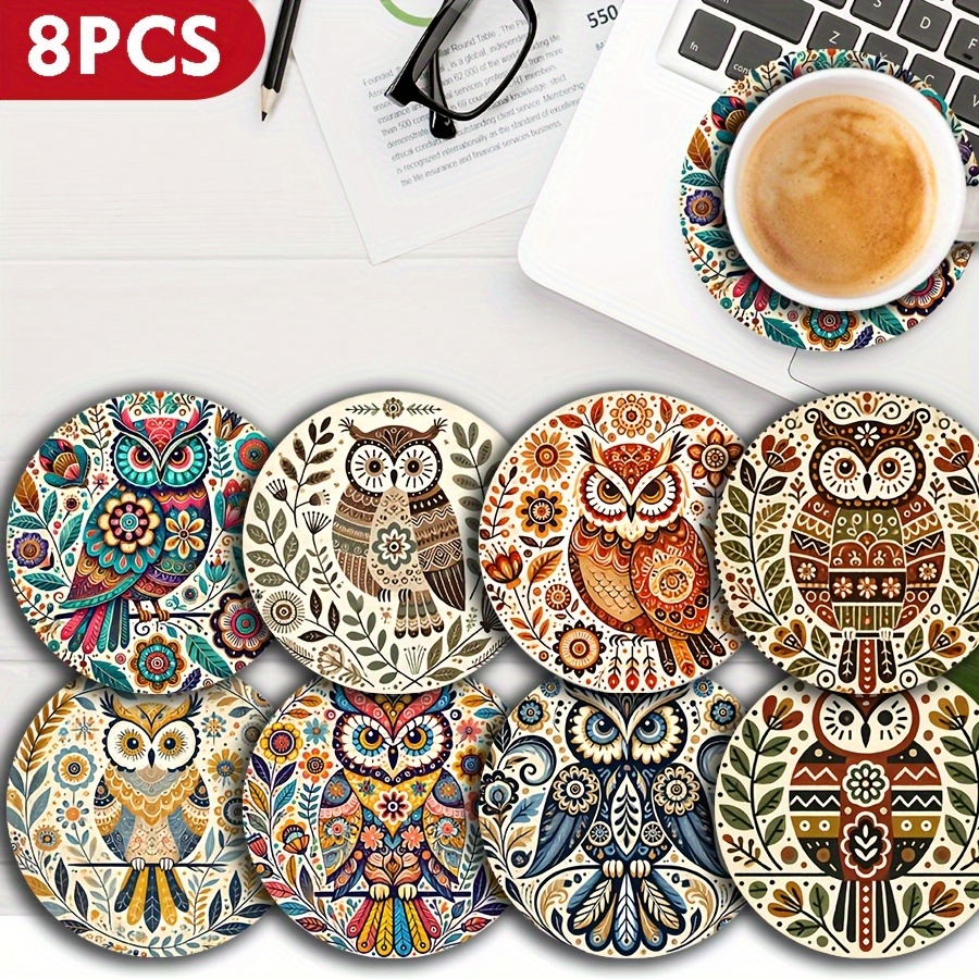 TEMU 8pcs Owl-pattern Wooden Coaster Set - Colorful Round Heat-resistant Drink Mats With Exquisite , Home Decoration And Gift Giving