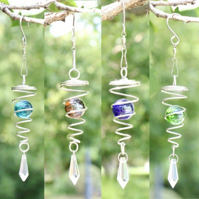 Image of 4pcs Gazing Ball Spiral Tail Wind Spinner :hanging Swivel Hook & Crystal Glass Ball For Wind Spinner Decorations, Helix Kinetic Silvery Metal Decor Outdoor Garden Ornaments