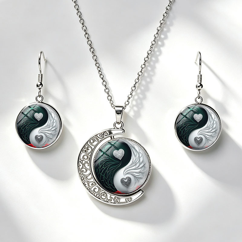 TEMU 3pcs Yin Yang Necklace Earring Set Moon Necklaces Round Dangle Earrings Glass Dome Unisex Jewelry