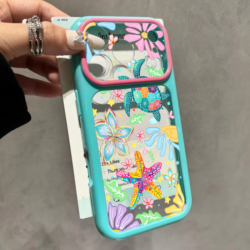 TEMU Phone Case - Turtle Starfish Flowers Leaves Shells Stars Color Blocking Large Window Card Insertion Phone Case For 18 17 Pro Max Air 16 15 14 13
