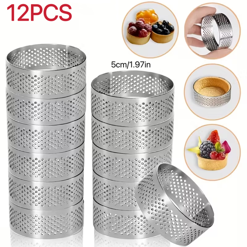 TEMU 12pcs Stainless Steel Tart Rings- , Perforated Round Cake& Mousse Molds Baking And Pastry Making, Cake Molds