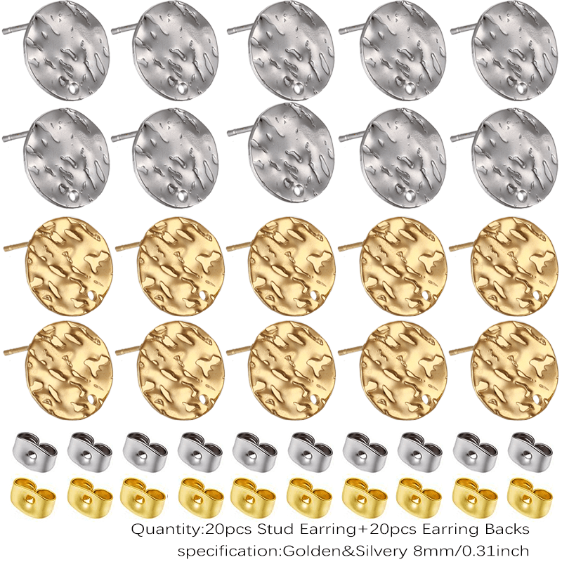 Image of 40pcs Stainless Steel Embossed Earrings With Earring Backs, Mixed Golden/ Silvery Colors, Vintage Style Earring Posts With Holes, Jewelry Making Additions