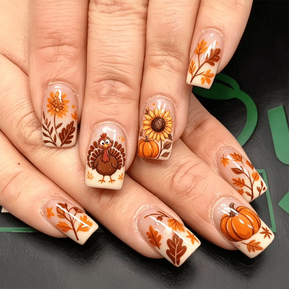 TEMU 48pcs Thanksgiving Medium Square Press-on Nails, Nude Cream Ombre False Nails Turkey Sunflower Pumpkin Maple Leaf Fall Design, Glossy Full Cover