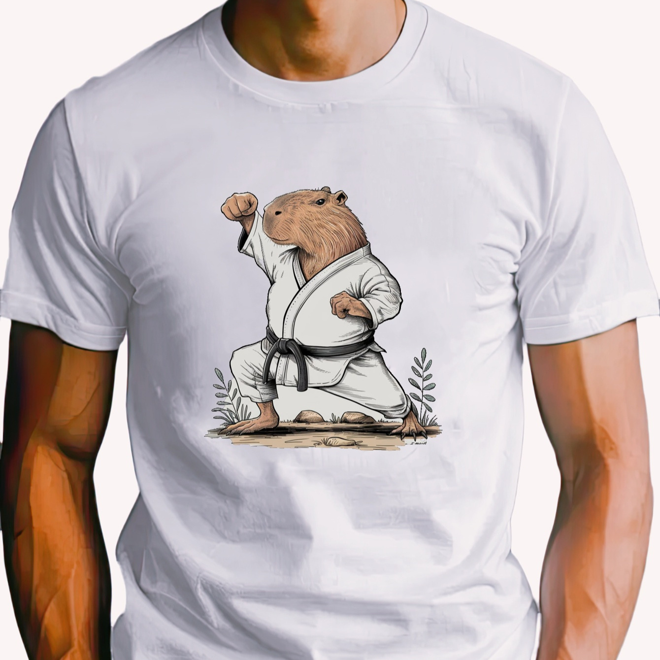 

Men's Casual Cotton T-shirt With Karate Capybara Print – Comfortable 180g Pure Cotton, Short Sleeve, Round Neck, Machine Washable, Ideal For Casual Attire