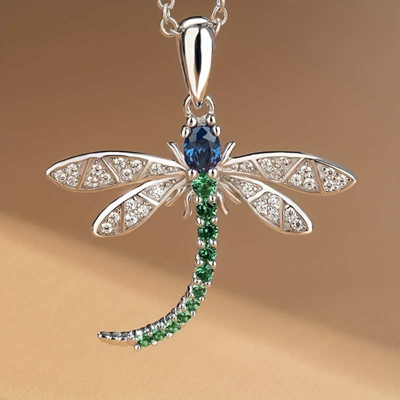 Image of 1pc Women Fashion Pendant Necklace Cute Shiny Inlay Synthetic Zirconia Dragonfly Pendant Necklace For Women Date Party Casual Daily Exquisite Elegant Necklace Accessories