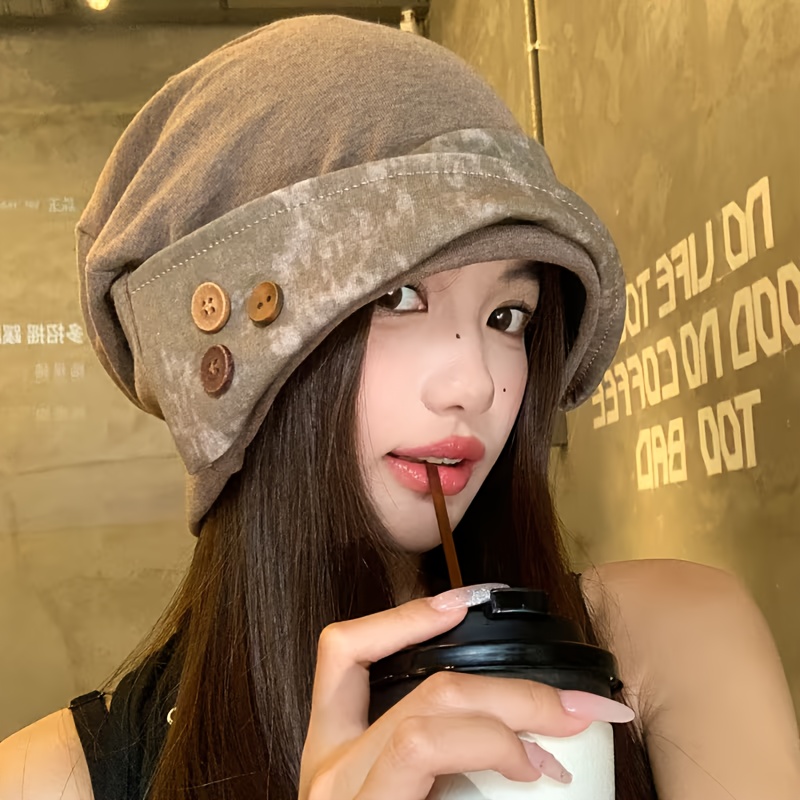 TEMU 【商品名】レディース向けの日本風ボタン付きレトロビーニー、ニッチファッションの万能な防寒帽子、フェイスキャップ、オール対応
