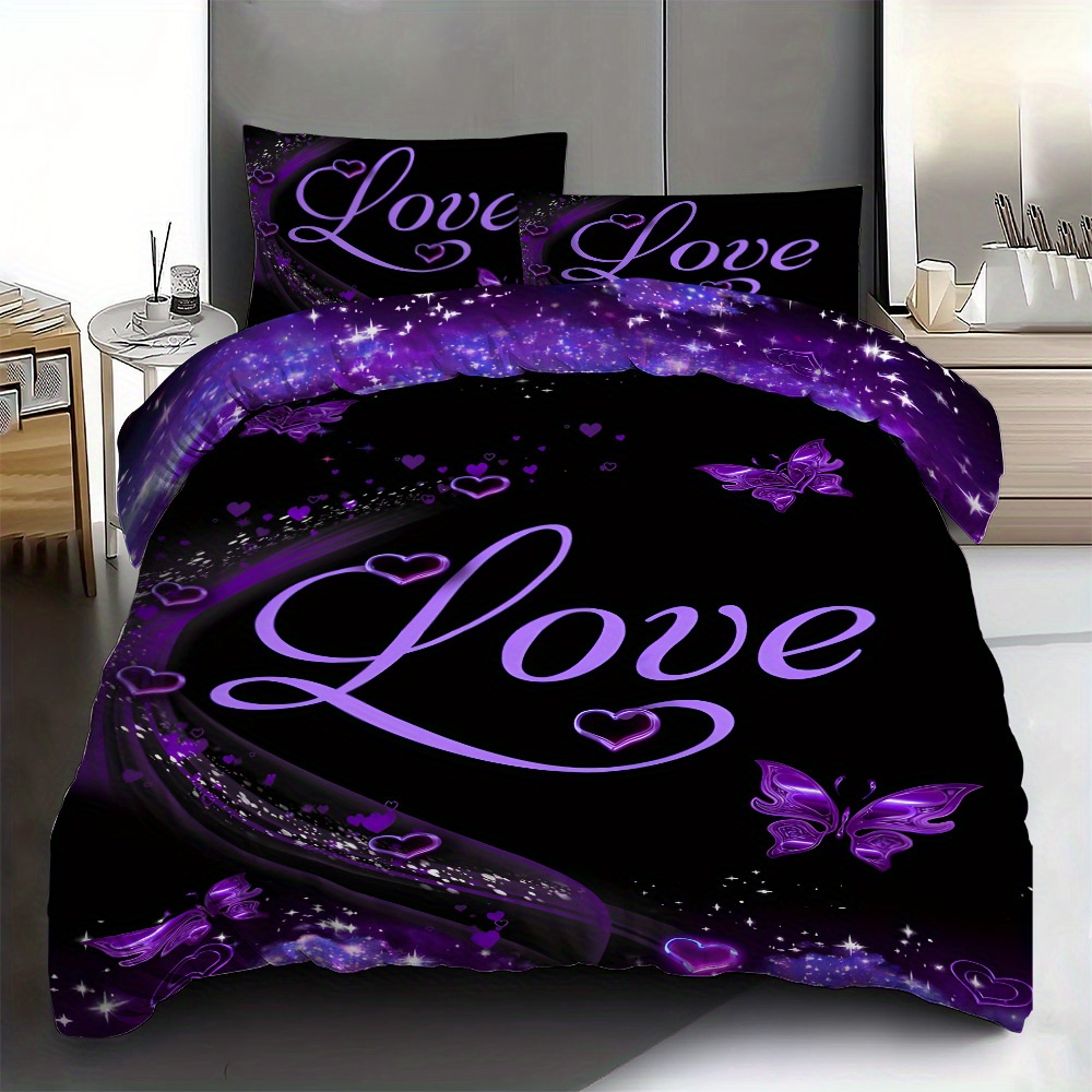 

Soft & Cozy 3pcs Purple Love Print Duvet Cover Set - Includes 1 Duvet Cover And 2 Pillowcases, Polyester, Machine Washable - All , Ideal For Home Bedroom Or