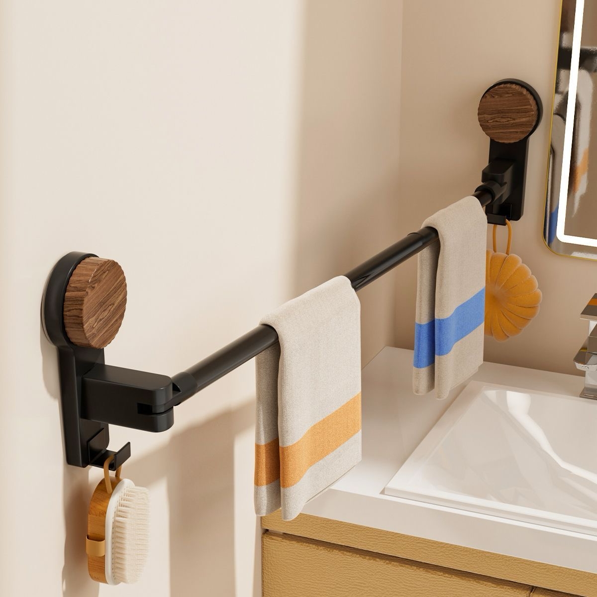 TEMU Wood Suction Cup Towel Rack - 360 Degree Swivel And Extendable 36-56cm. No Drill Wall Mount Holder For Bathroom And Kitchen. Strong Adhesive