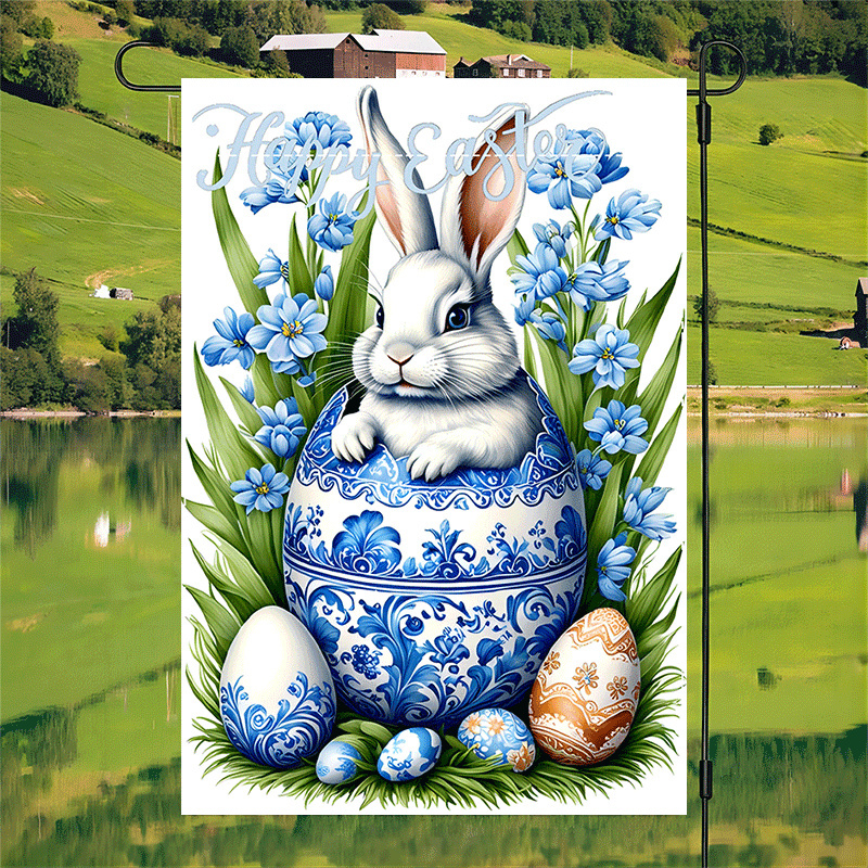 

1pc Easter Bunny & Eggs Garden Flag, 12x18inch, Blue And White Porcelain Design, Double-sided, Waterproof Polyester, Outdoor Home Porch Decor, No Electricity Needed