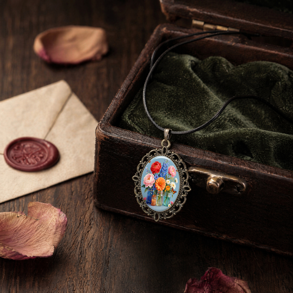 Vintage Floral Glass Pendant Necklace, Unisex Gift