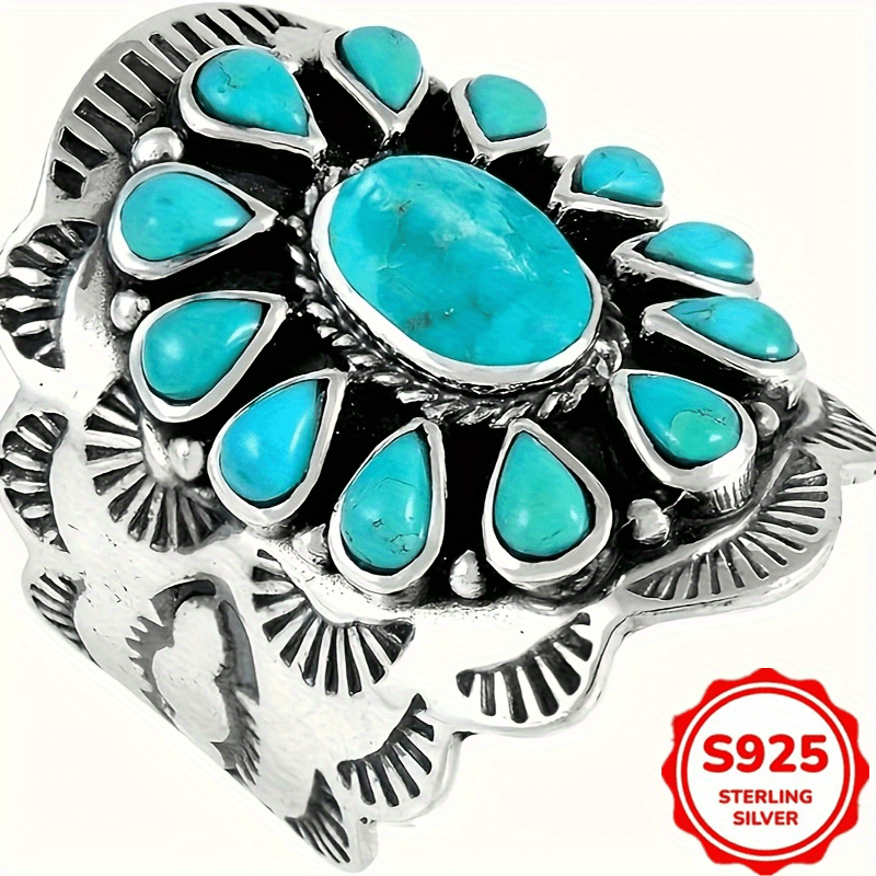 TEMU Vintage And Gorgeous Wide-faced Women's Synthetic Turquoise Ring, Cocktail Party Birthday Party, Antique Design 925 Sterling Silver Ring,