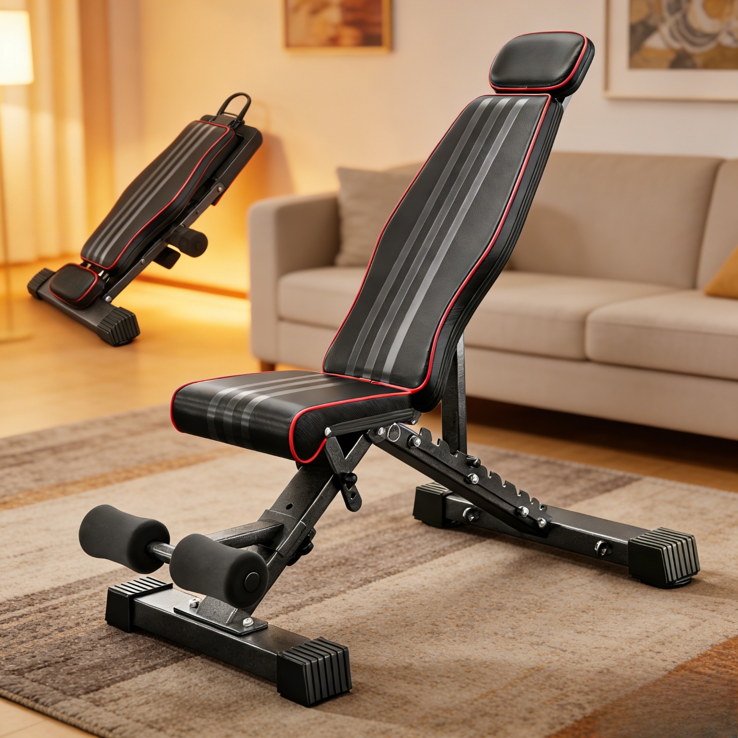 Image of Multi-functional Folding Fitness Bench - Supports Up To 300kg, Designed For Home Use With Support, Features 10 Adjustable Backrest , Suitable For Incline//flat Workouts, And Folds Quickly To