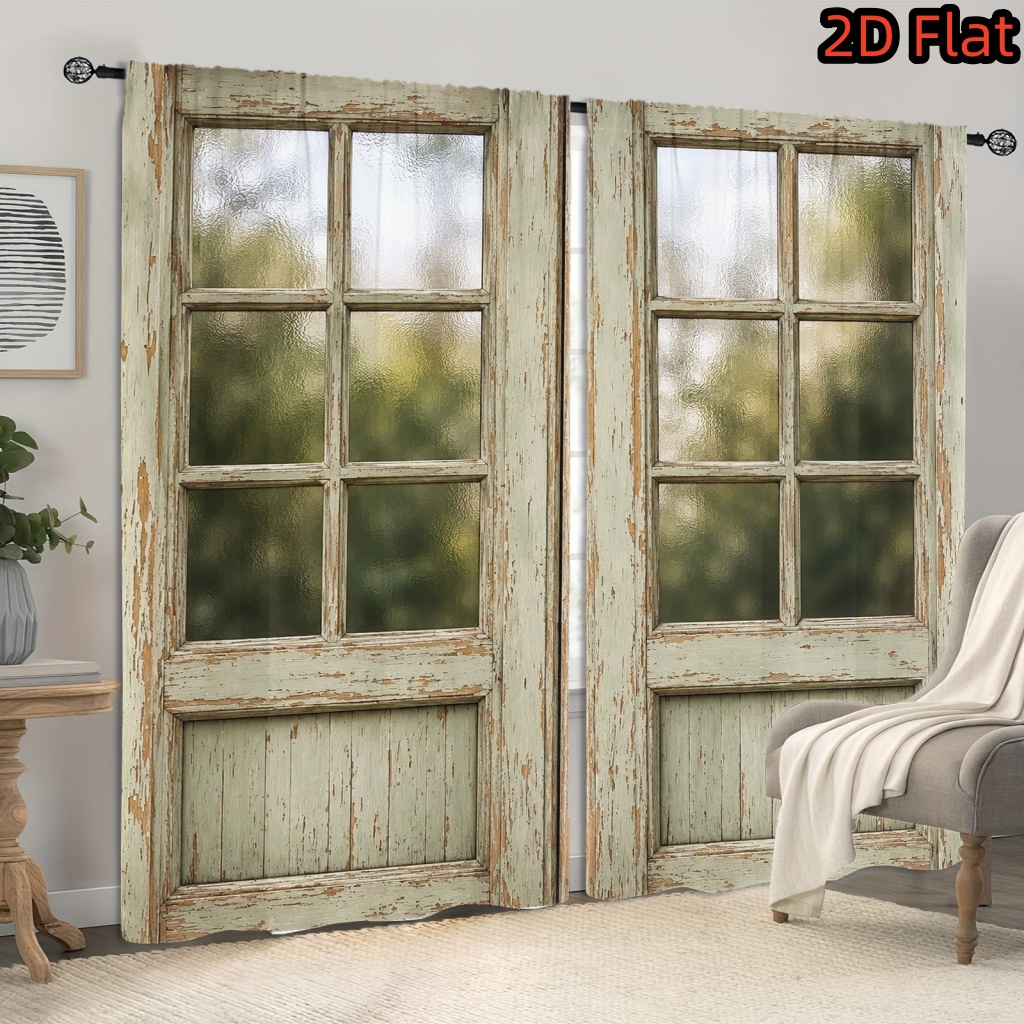 Image of 2d Flat, 2d Flat 2pcs Filtering Curtains With Door Design, Pastoral Charm Decor, Rod Pocket, Window Treatments For Living Room Bedroom Decoration, 2d Flat
