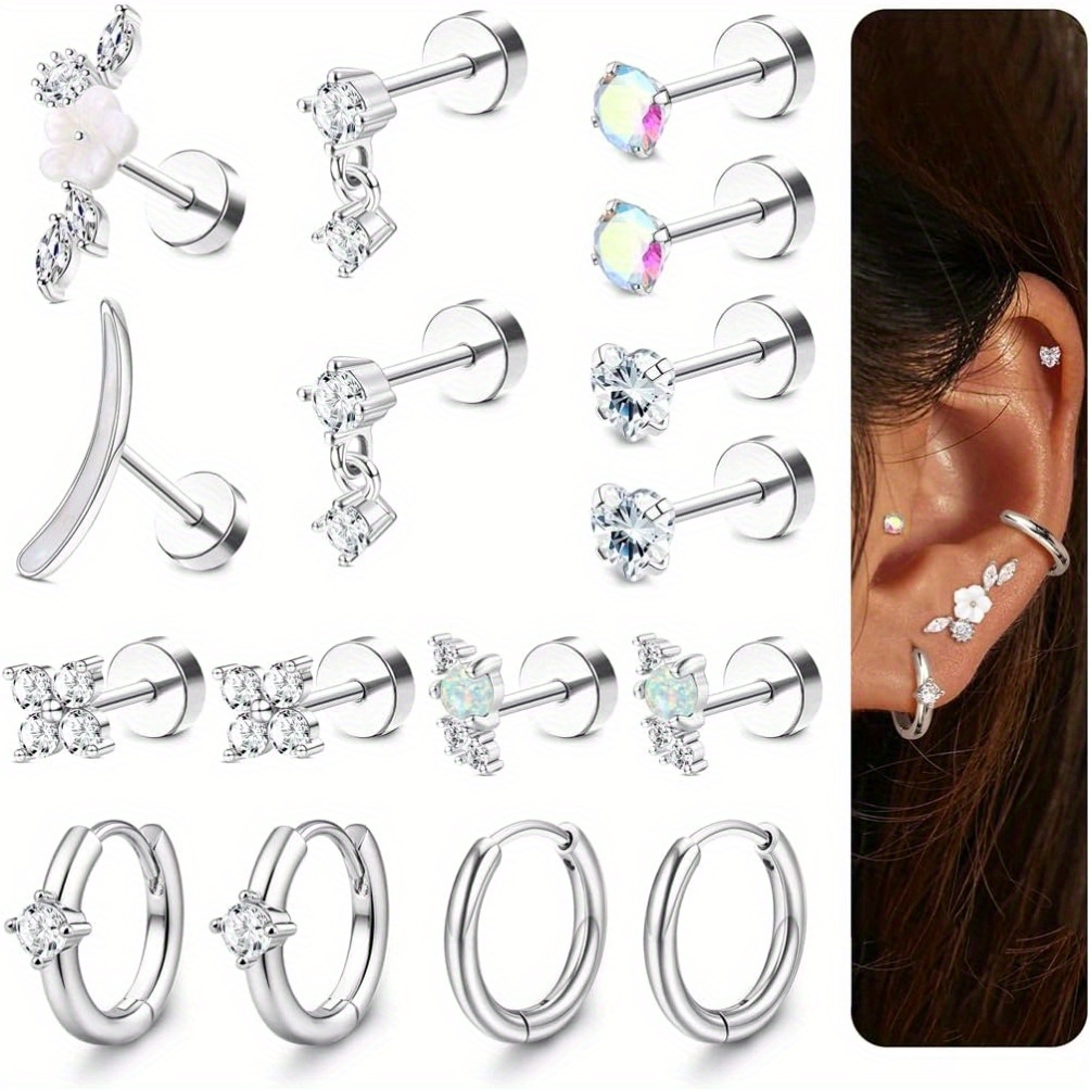 Image of 2d Flat, Milacolato 20g Helix Piercing Jewellery Golden/ Silvery Surgical Steel Flat Back And Hoop Earring Set Flower Helix Conch Daith Tragus Cartilage Earrings For Multiple Ear Piercings