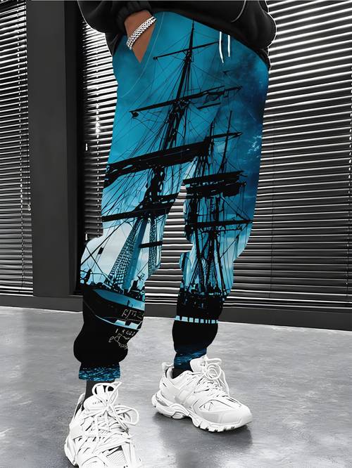 mens nautical sailboat print sweatpants navy black joggers suitable for training outdoor activities machine washable regular fit trousers with for casual wear