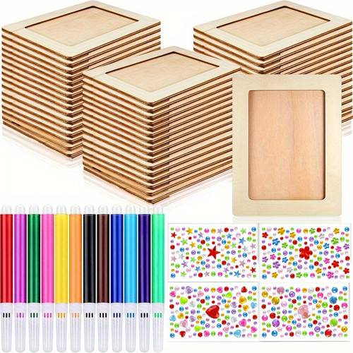 48pcs wooden photo frame painting set 3pcs 6 inch wooden frames and 3pcs 5 inch wooden frames 26pcs decorative balls 4pcs stickers and 12pcs watercolor brushes