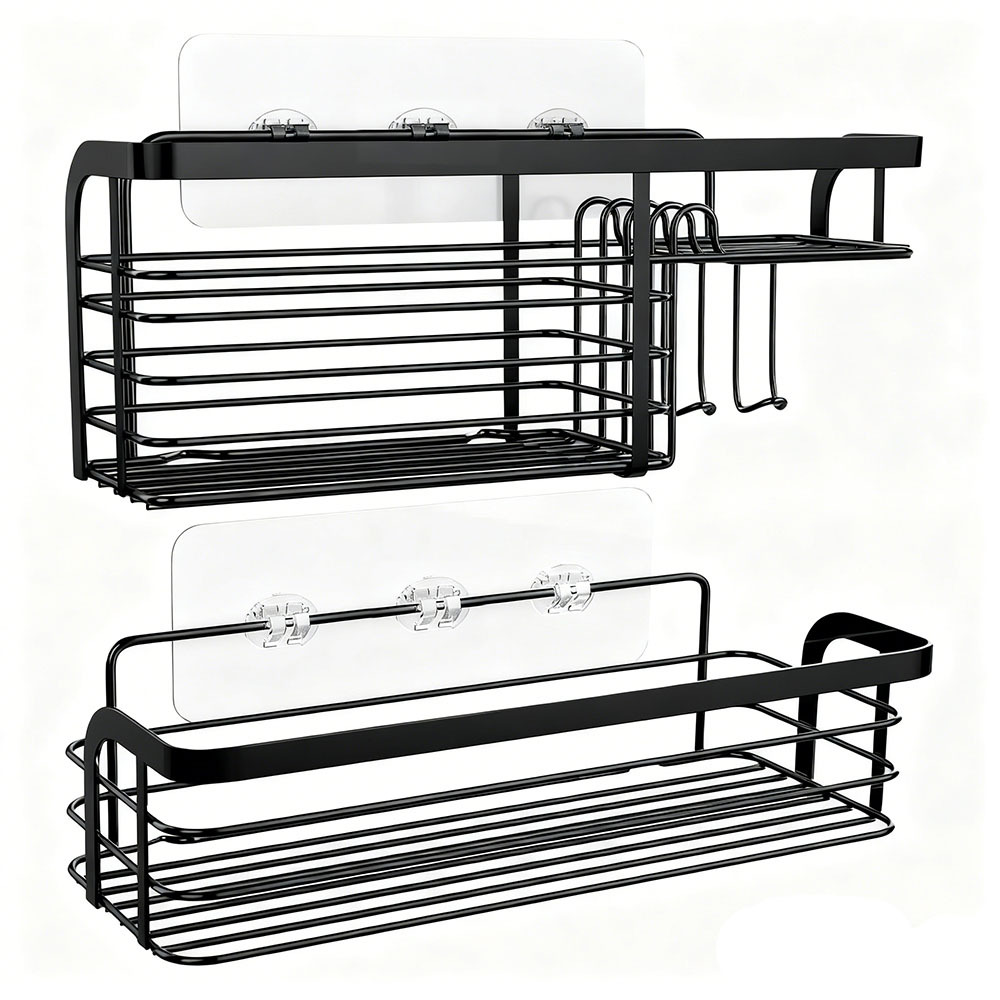 TEMU 2pcs Rustproof Wall Mount Shower Caddy With Suction Cups - Heavy-duty Polished Finish Floating Shelf With Towel Hooks, Space-saving Bathroom