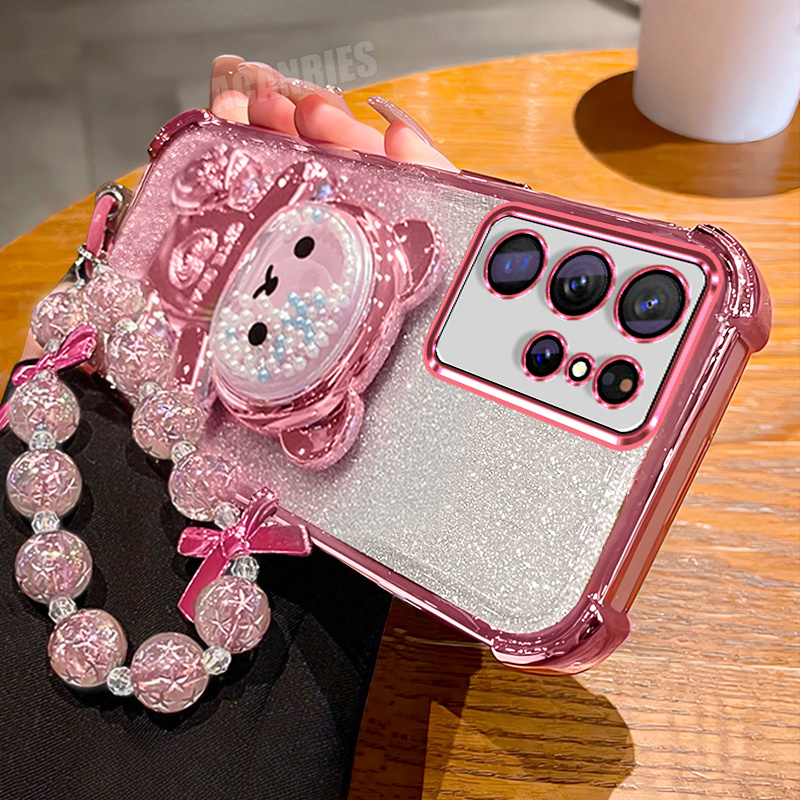 TEMU Phone Case: S25ultra Luxury Plating Quicksand Bead Bear Folding Bracket Stand Holder Lanyard Wrist Strap Chain Gradient Glitter Shockproof Phone