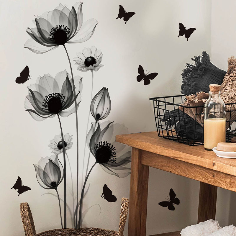 Image of 1pc, Black Flower And Wall Stickers, Suitable For Bedroom, Living Room, Bathroom Background Wall Stickers. Very Suitable For Simple And High-end Style Home Decoration. Pvc Self-adhesive Removable