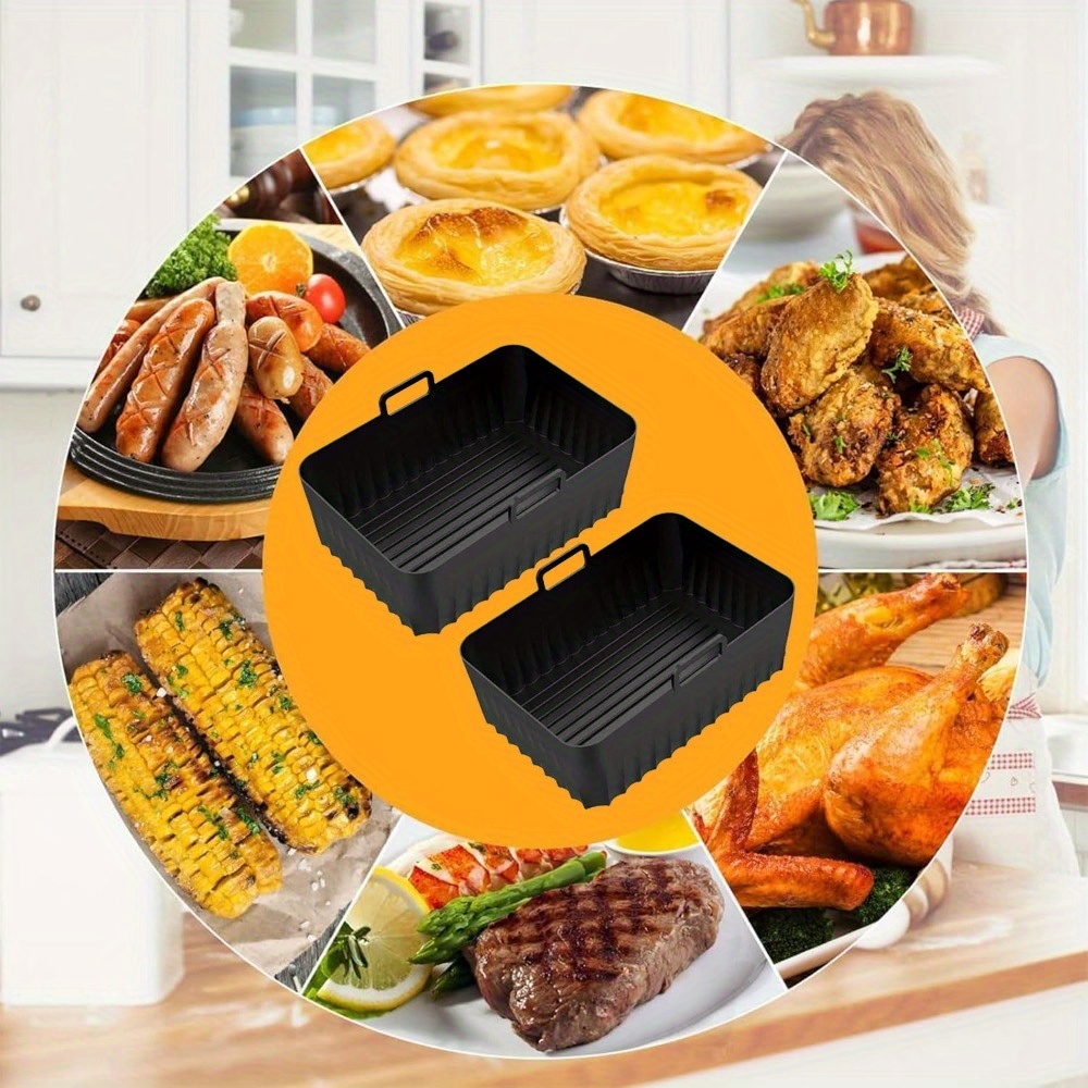 Image of 2pcs Silicone Air Fryer Liners, Reusable Silicone Liners For Dz401, Dz550, Dz302, Dual Air Fryer Accessories Baking Tray For 10 Qt Airfryer Baskets