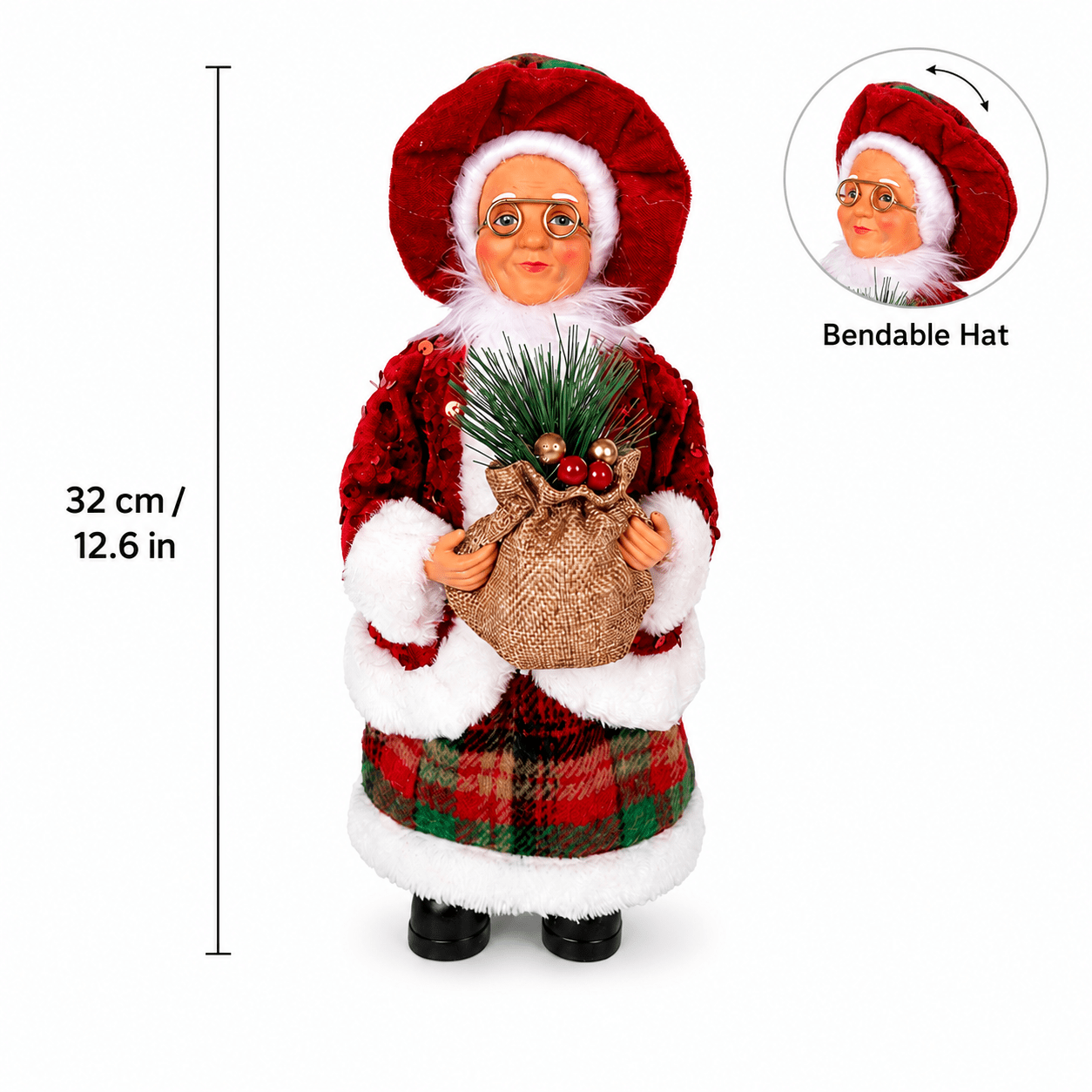 TEMU Figurine de Père Noël de Noël de 15,7 pouces avec chapeau pliable, poupée Père Noël debout tenant un de pin en toile de jute, statue de table de