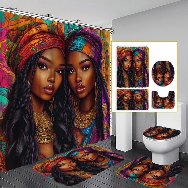 

1/3/4pcs African Long Hair Individual Pattern Shower Set, Toilet Seat Cover, Includes Bath Mat And Non-slip Mat, With 12 Plastic Hooks, 71in X 71in, Bathroom Decoration