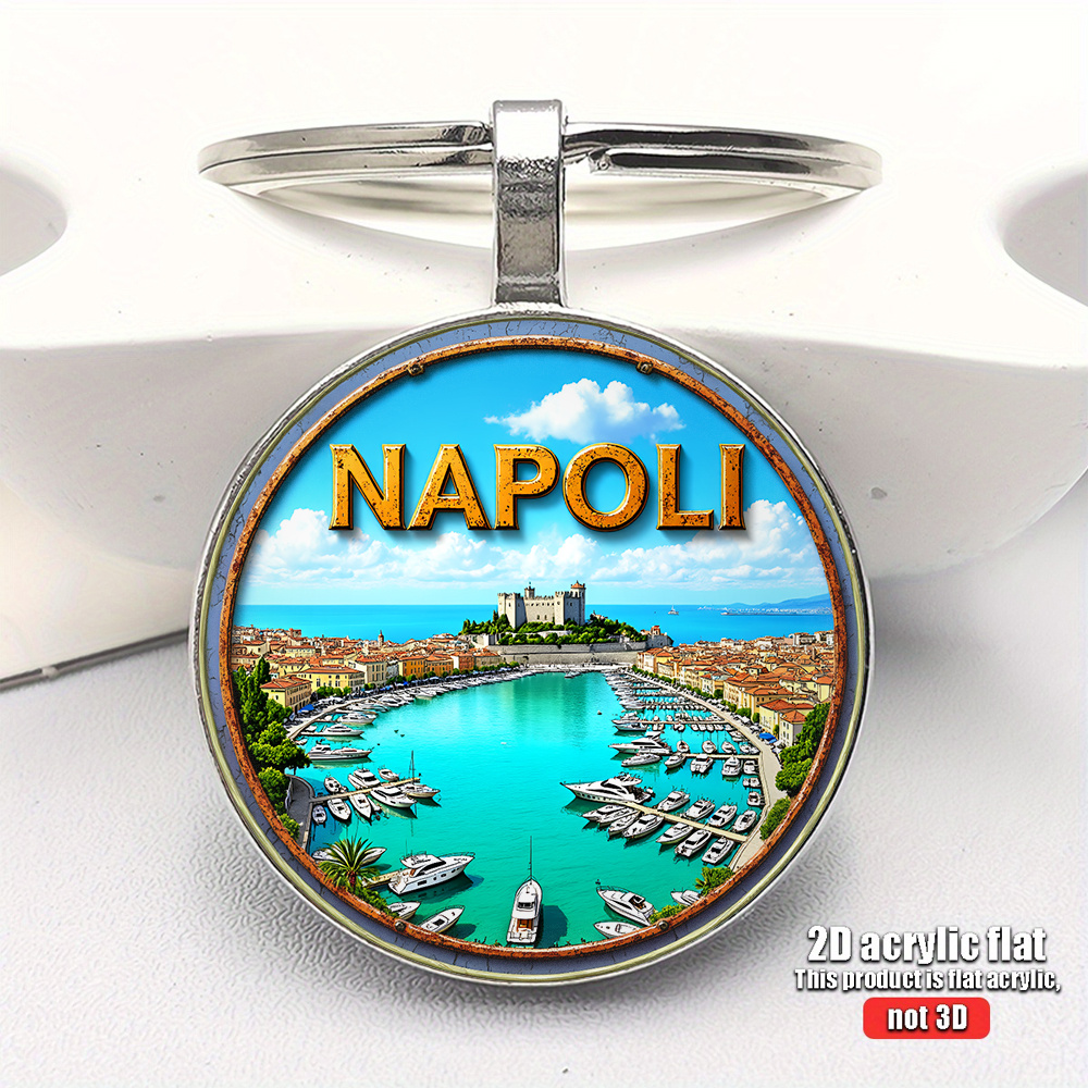 TEMU 2d Flat, 1pc Italian -themed Vintage Keychain Suitable For Car Keys & Bags, Harbor Yacht Design With Round, Nostalgic Gift For, Travelers, For