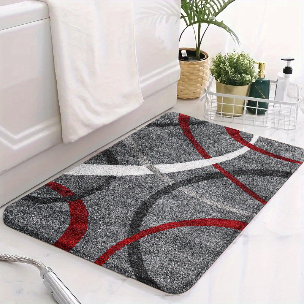 TEMU 1pc Gray Red Black White Curve Print Rectangular Bathroom Non-slip Mat, Modern Minimalist Style 1cm Thick-foldable Faux Cashmere Rug With Tpr