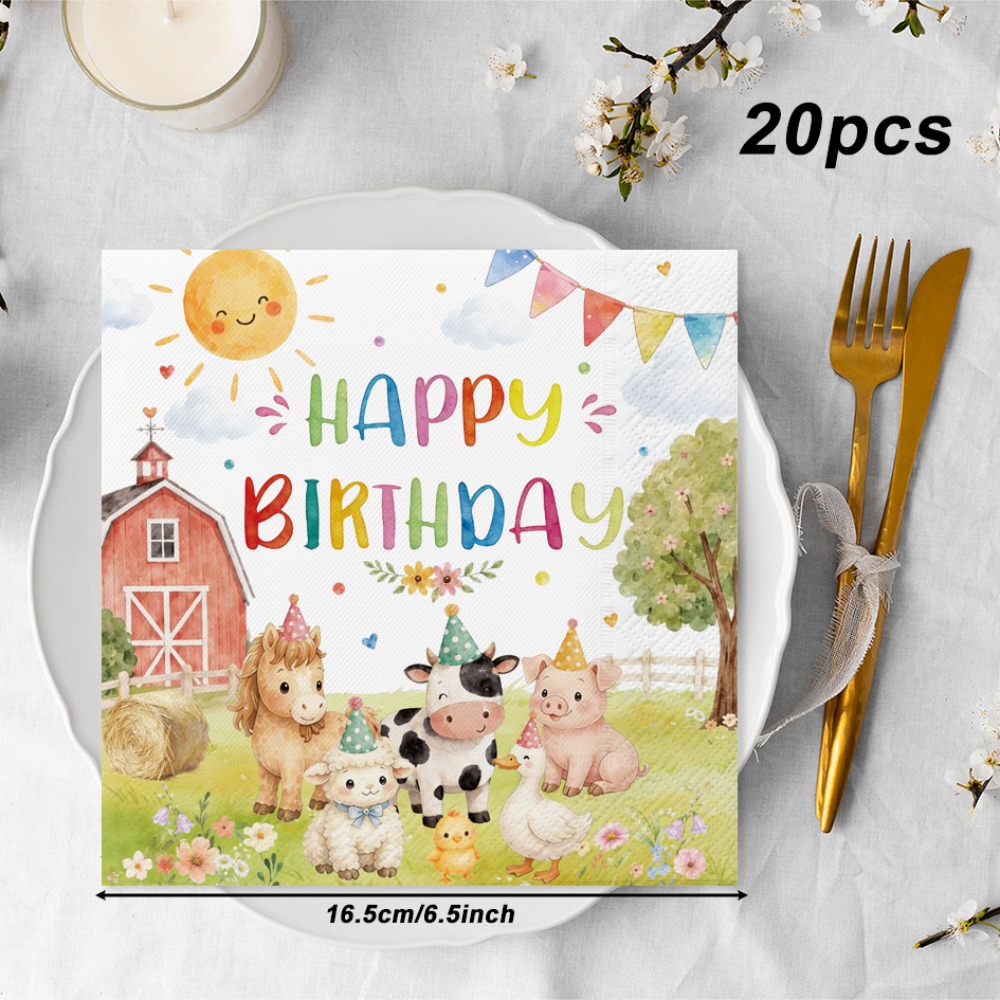 Image of 20pcs Happy Birthday Paper Napkins, Farm Animals Red Barn Theme 2-ply Disposable Tissue For Cute Farmhouse Theme Birthday Celebration Dinner Tableware Decor, Party Supplies, Holiday Decorations