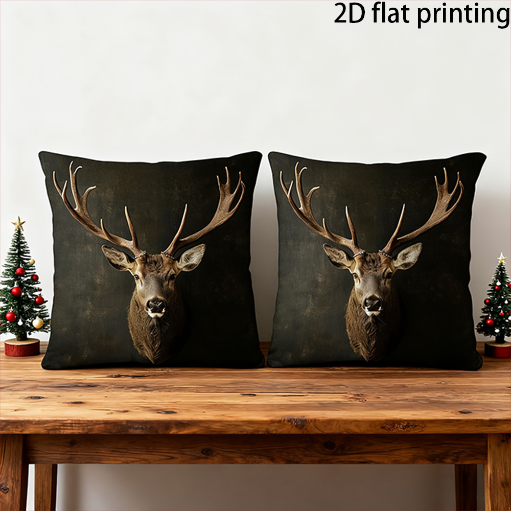 TEMU 2d Flat-2pcs Vintage Reindeer Dark Color Pillowcase Pair, Perfect For Sofas, Living Rooms, Outdoor Use And Decoration, Single-sided Printing,