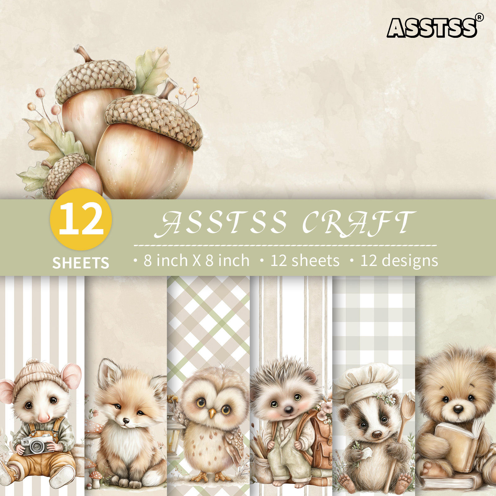 TEMU 12-sheet Asstss 8*8-inch Scrapbooking Paper Pad, Baby Woodland Forest Animals Baby Shower Retro Style Backing Paper Supplies, Heavyweight