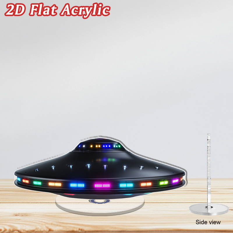 E-shop 2D-Flach, 2D-Flach rotierende UFO-Fliegende-Saucer-Nachtlampe – 2D-flacher Acryl-Kreisel mit mehrfarbiger RGB-Beleuchtung, für
