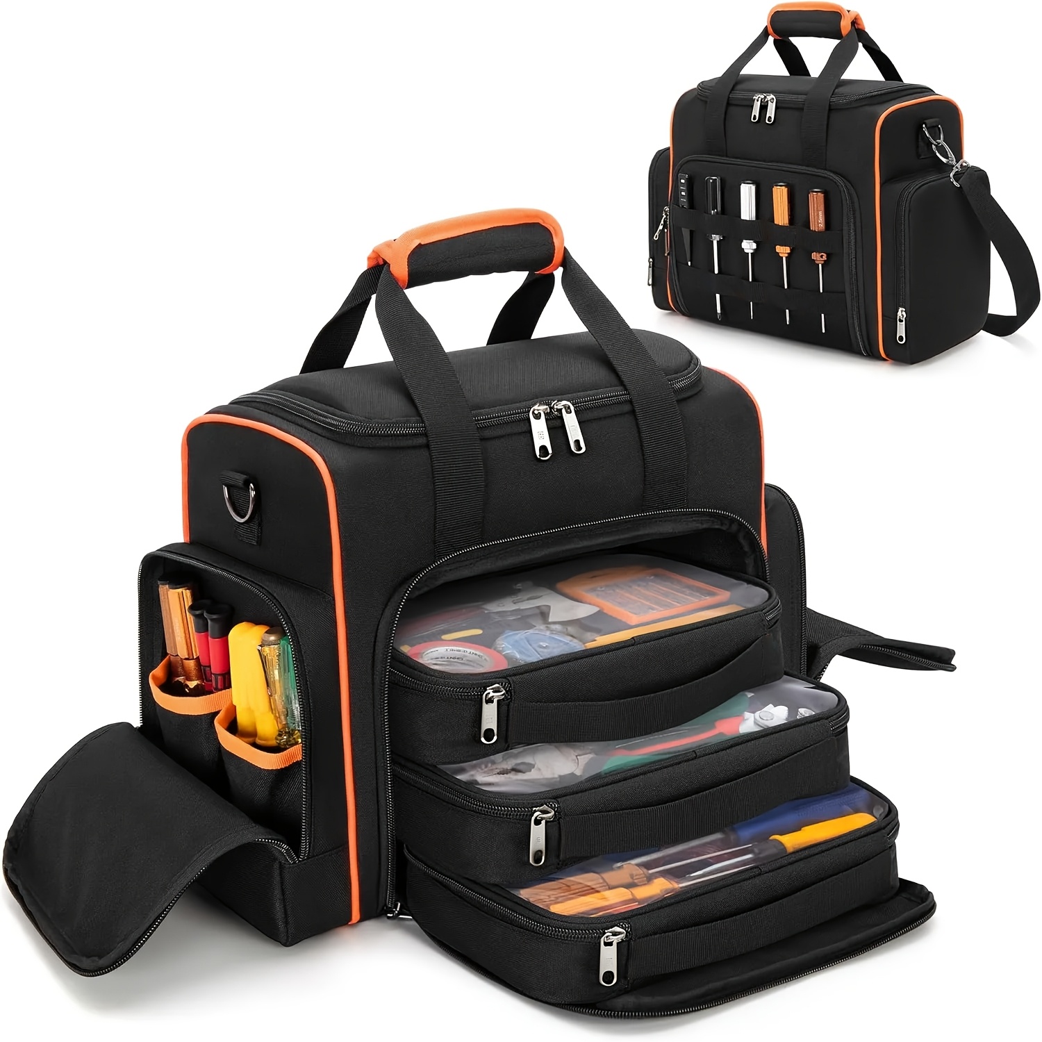 TEMU Multifunctional Hand Tool Organizer Bag Portable Soft-sided Hardware Tool Bag Black With Orange Trim Includes 3 Detachable Soft Zippered Pouches