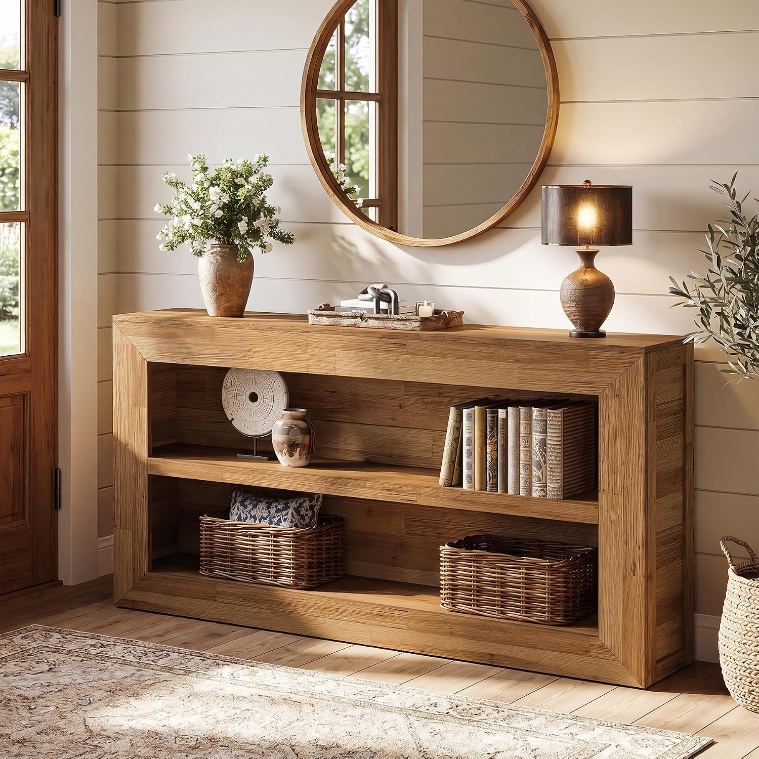 63-inch Wooden Console Table, Narrow Long Entryway Table With 2-tier Open Storage Shelves, Farmhouse Sofa Table Behind Couch For Entrance, Hallway, Foyer, Living Room, Rustic Brown