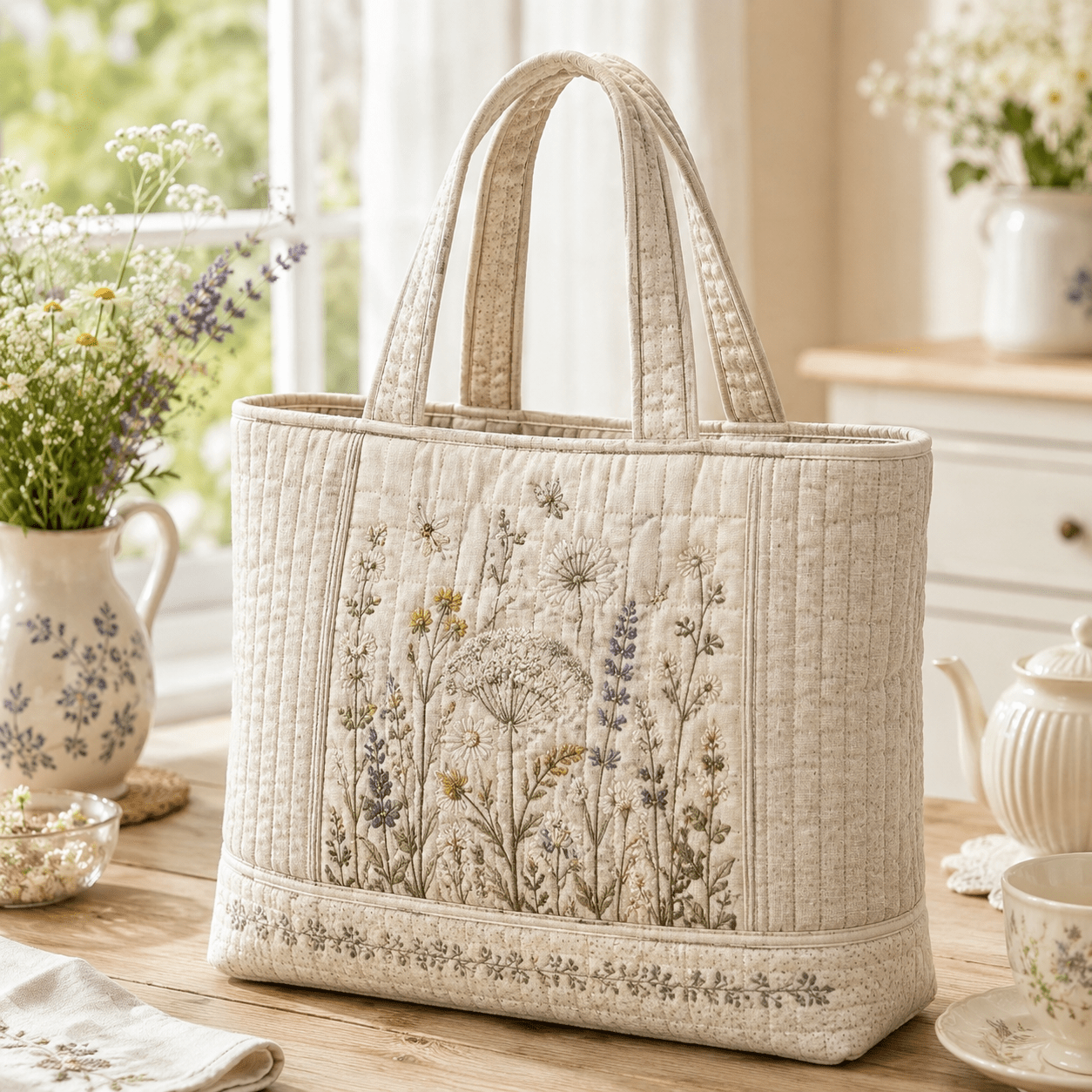 TEMU Women' Large 17x15inch Quilted Tote Bag With Daisy & Lavender Botanical Embroidery - Soft Handheld Suitable For Travel, Gym, School, Work, Daily