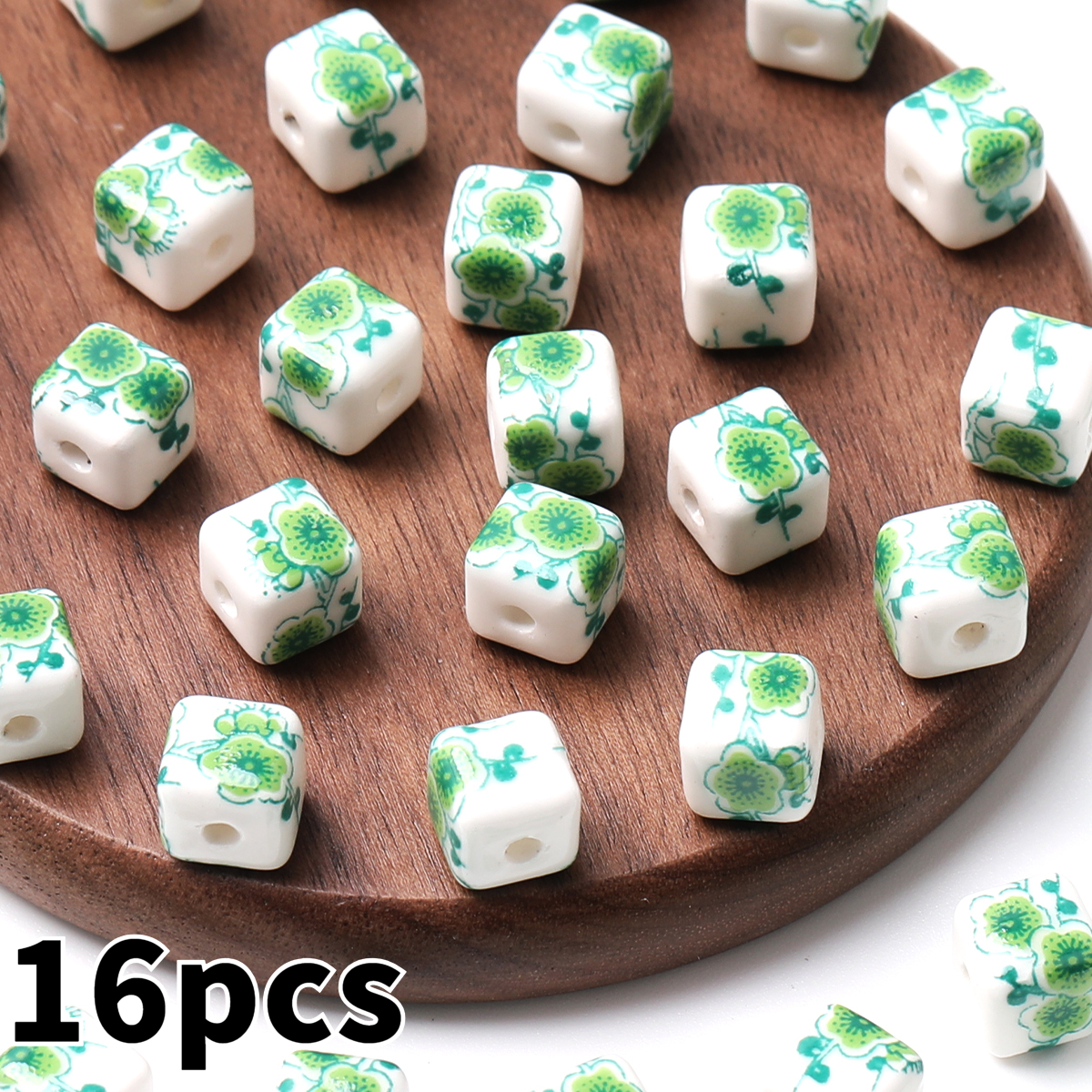 8pcs/16pcs Cube Printed Flowers Glazed Square Ceramic Beads for DIY Jewellery