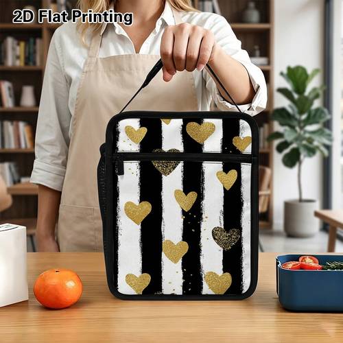 Artikelbild . thermische kühltasche mit 2d-flachdruck, valentinstag-muster mit goldenen herzen, isolierte tragbare lunch-tasche für reisen, picknick & zuhause, für männer & frauen, nicht für lebensmittelkontakt, 2d-flachdruck
