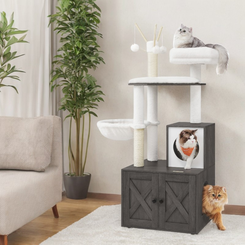 Modern Multi-level Cat Tree With Litter Box Enclosure - 55.1-inch Tall 2-in-1 Cat Tower & Condo, Scratching Posts, Removable Pompom, Multi- Climbing For Cats - -in- Pet Furniture For & Kittens