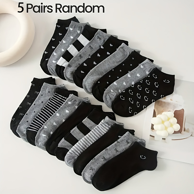 TEMU 5 Pairs Random Colors. Women's Fashionable Low-top Socks, Striped Heart Dot Pattern Casual Sports Socks In Black And Gray, Easy Style