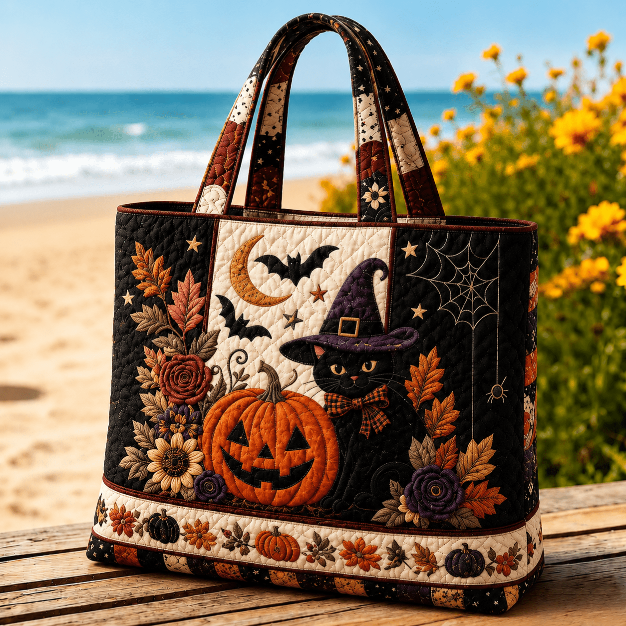 TEMU Women's Vintage Quilted Tote Bag Suitable For Halloween And Autumn - Large Capacity Quilted Handbag With Black Cat, Bat, Witch Hat & Pumpkin