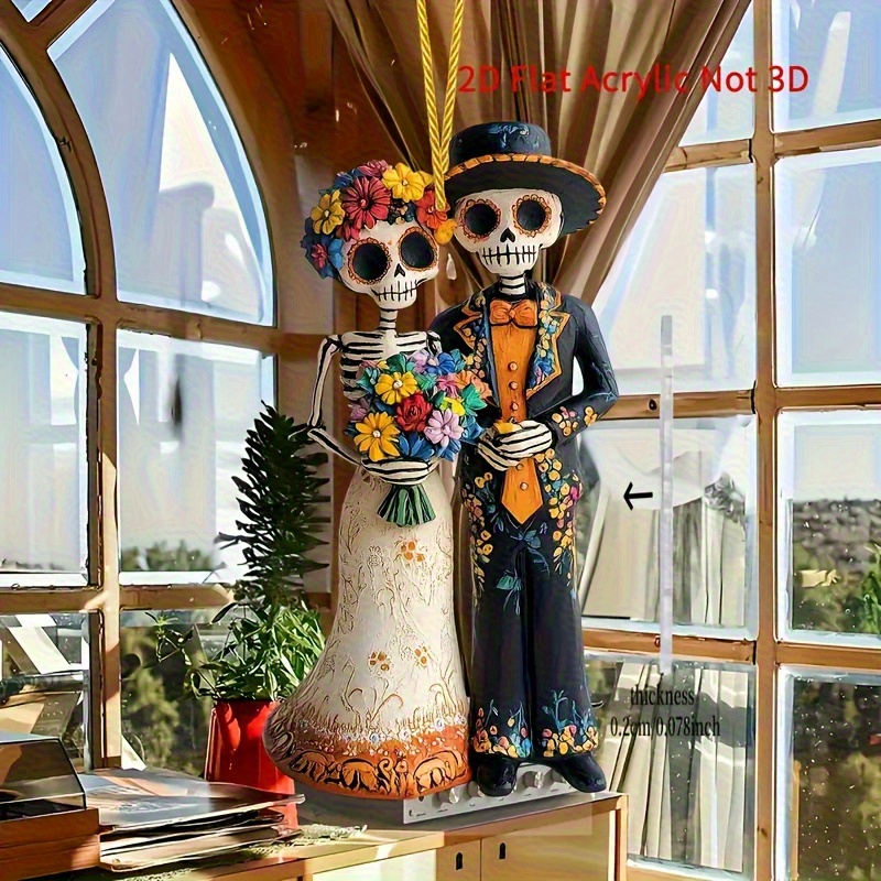 【2d 】2d   アクリル スカル カップル像 - dia de los muertos（死者の日）をモチーフにした装飾、7.8インチ x 3.9インチ | 花とカラフルな服装のデザイン | ホームアルターやパーティーの装飾、またはお祝いのハロウィンやクリスマスのデコレーションに最適