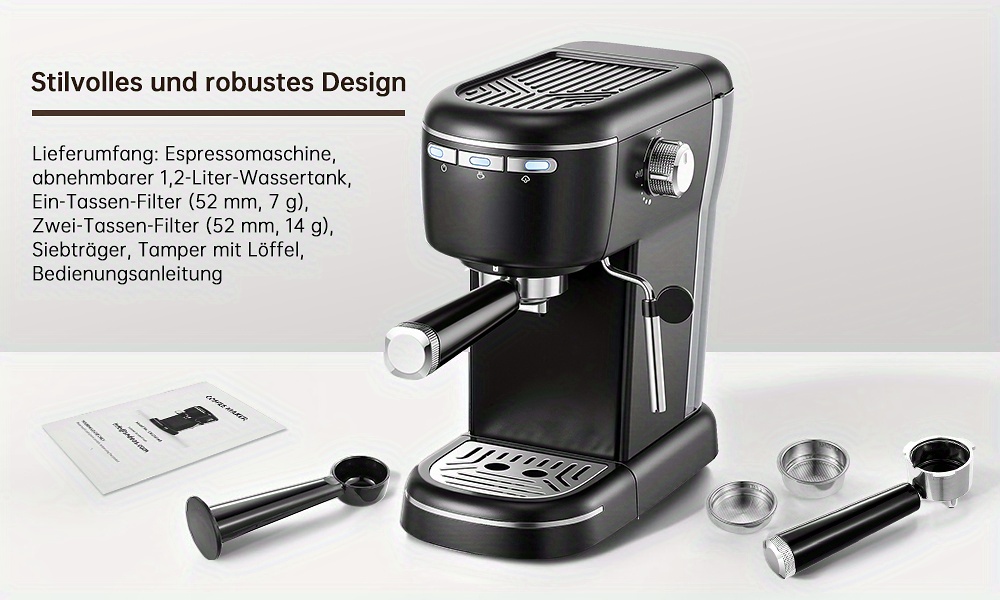 Automatic Espresso Machine with 15 Bar High Pressure, Cappuccino & Latte Maker, 3-Button Control & One-Touch Operation, 1 or 2-Cup Espresso Maker, Heavy-Duty Coffee Machine Suitable for, Office, Coffee Shop - Ideal Gift for Coffee Lovers, 1100W