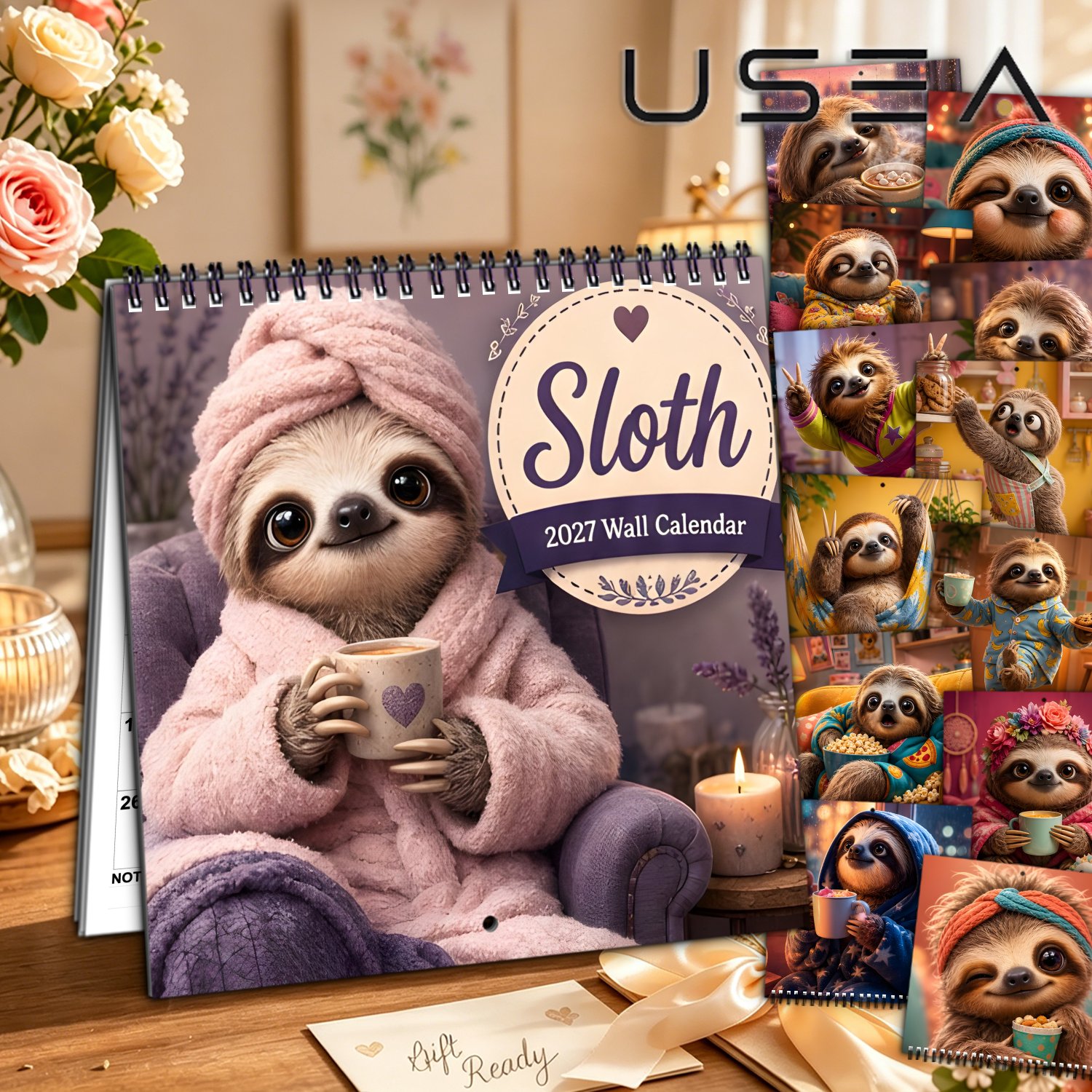 TEMU 2027 Wall Calendar 2027 Sloth Wall Calendar, Monthly Planner 12 Months Yearly Organizer, Twin Wire Spiral Hanging Square Calendar, Large Blocks,