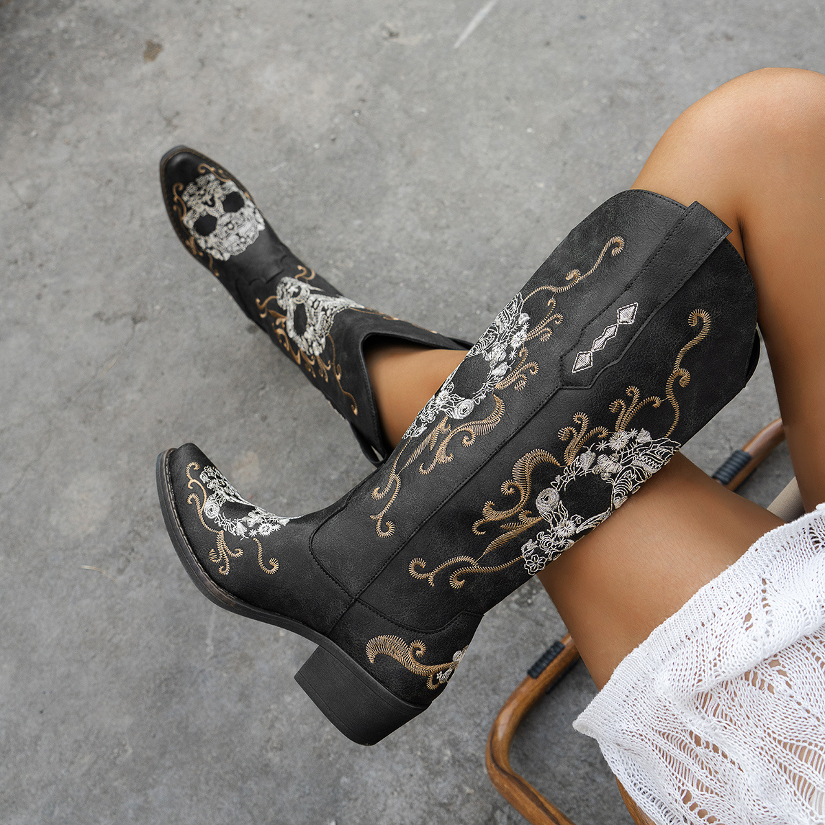 Women's Western Style Embroidered Cowboy Boots, Unique Skull Design, Exquisite Embroidery, Local Warehouse, Women Shoes