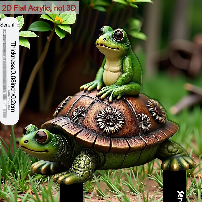 TEMU 2d Flat - 【2d Flat】 2d Flat - [2d Flat] 1pc 2d Flat Acrylic Garden Insert Featuring A Frog On A Turtle Surrounded By Sunflowers, Perfect For